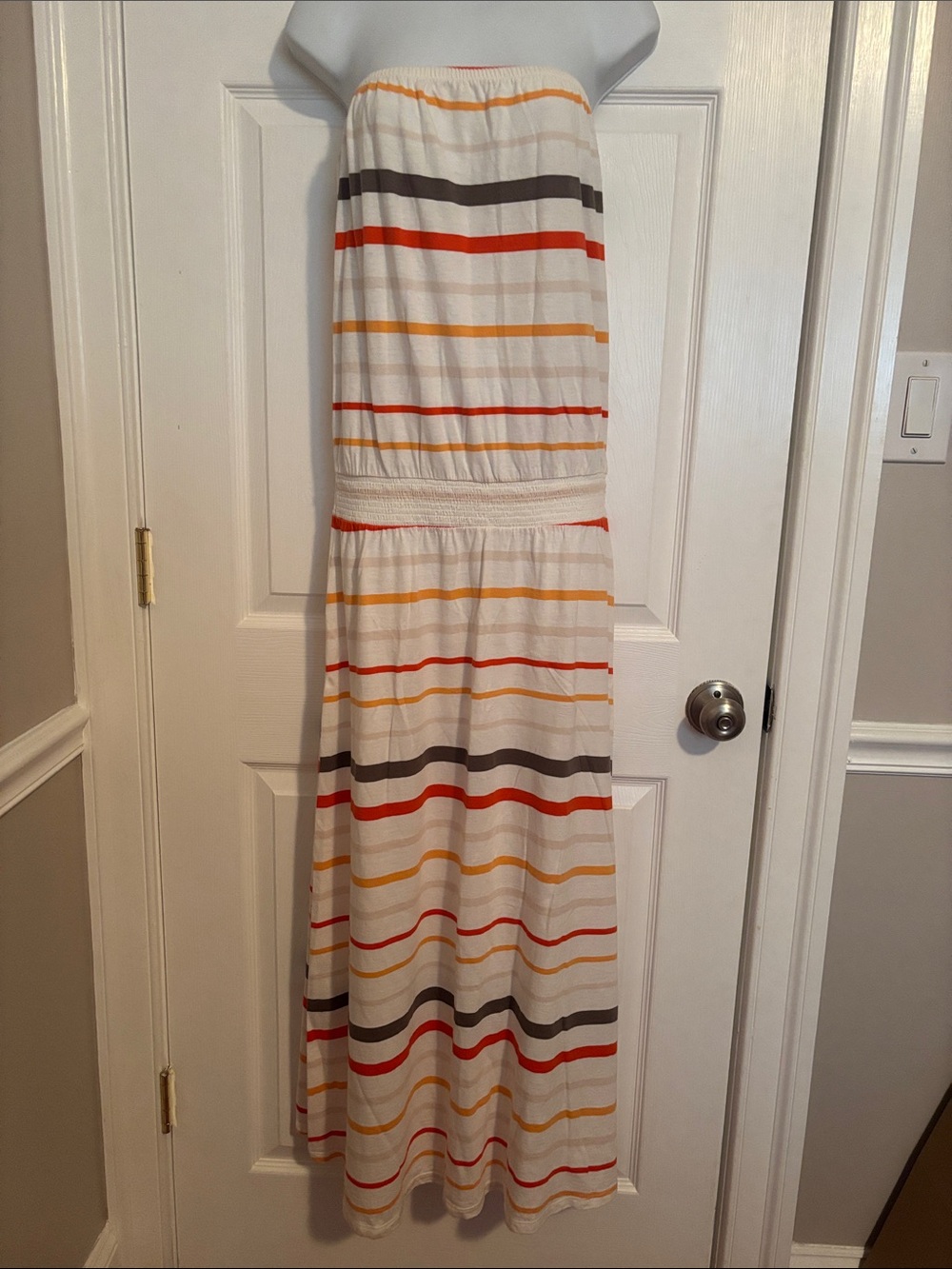Old Navy Striped Strapless Maxi Dress - White with Red, Orange & Gray Stripes